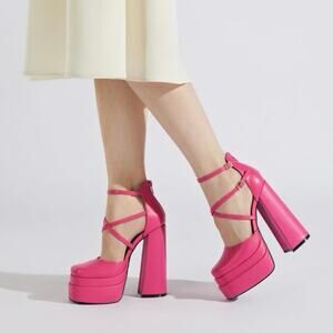 ALICEPUB  Women's Chunky Platform Heels Ankle Strap Square Toe Size 8.5